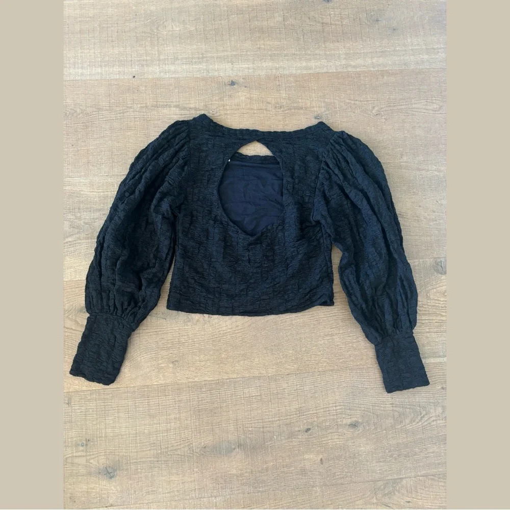 free people lace black open cutout back puff sleeve crop top